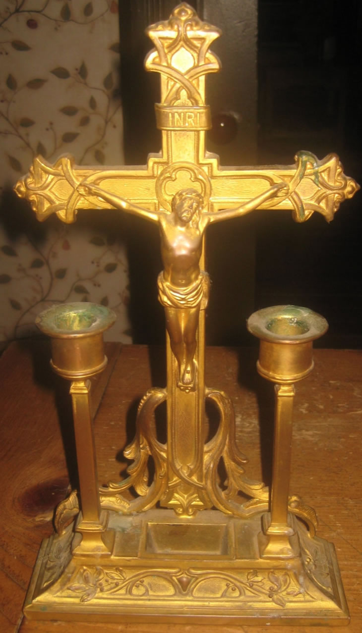Antique Art Nouveau Tabletop Altar, Crucifix and two Candle holders, Made in USA 1 Antique Art Nouveau Tabletop Altar, Crucifix and two Candle holders, Made in USA